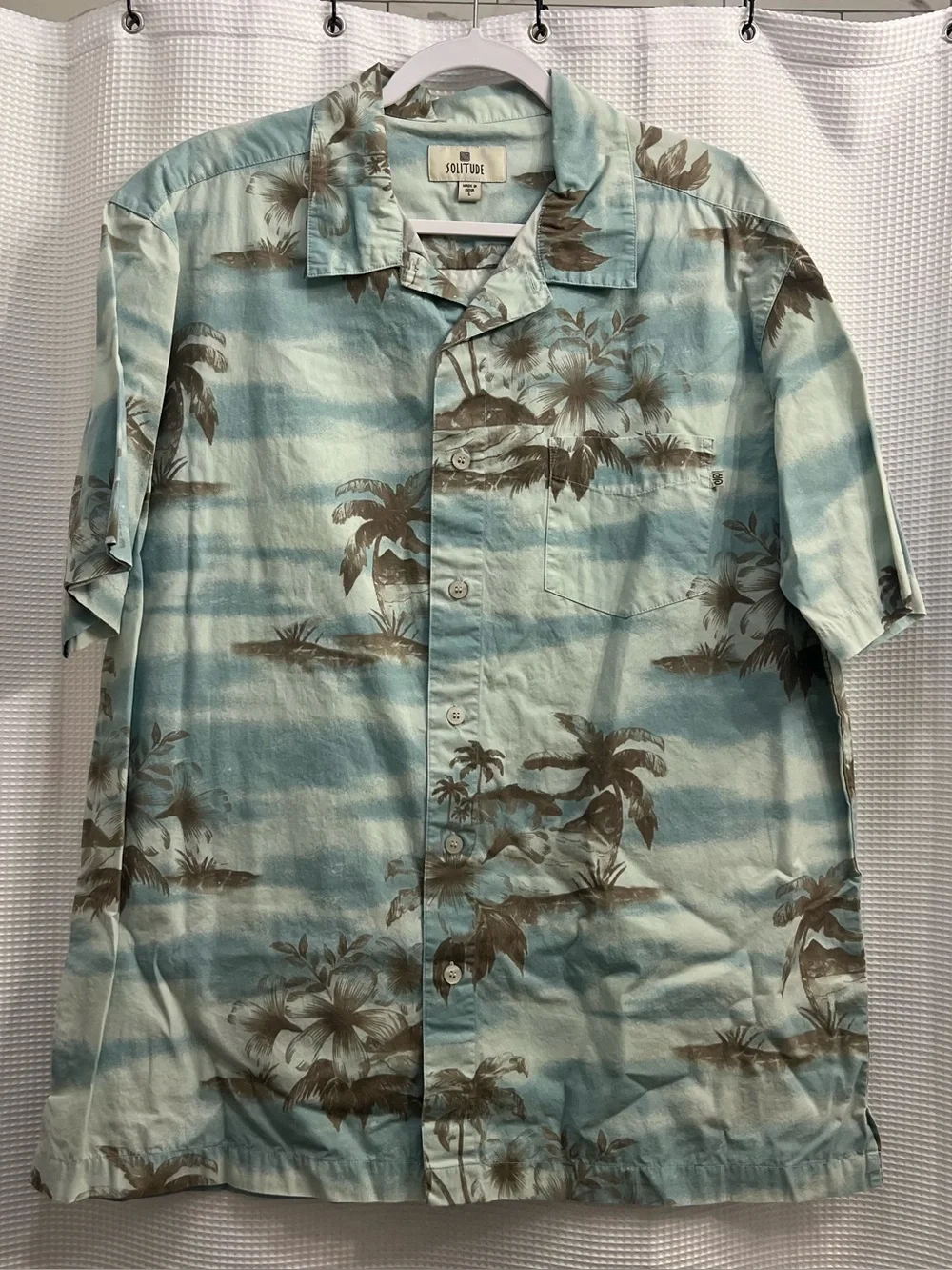 Vintage Light Blue Tropical Print Short-Sleeve Button-Down Shirt